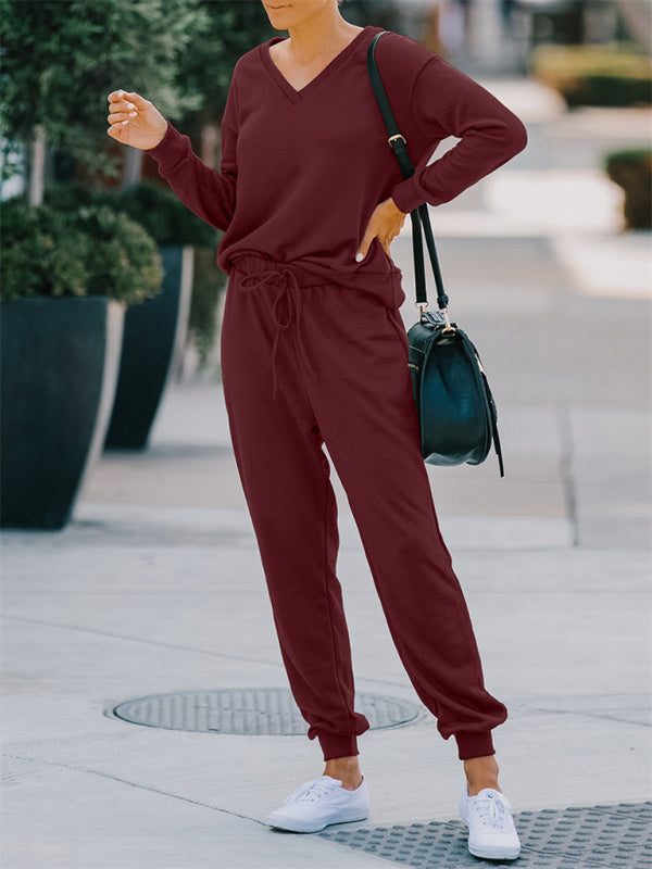 Women's Fashion Casual Homewear V-neck Loose Solid Color Suit for Women