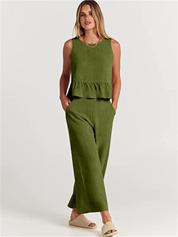 Women's Ruffle Sleeveless Top With Matching Wide-leg Pants