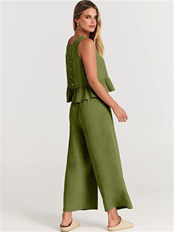 Women's Ruffle Sleeveless Top With Matching Wide-leg Pants