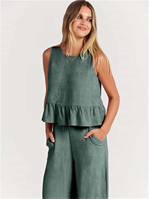 Women's Ruffle Sleeveless Top With Matching Wide-leg Pants