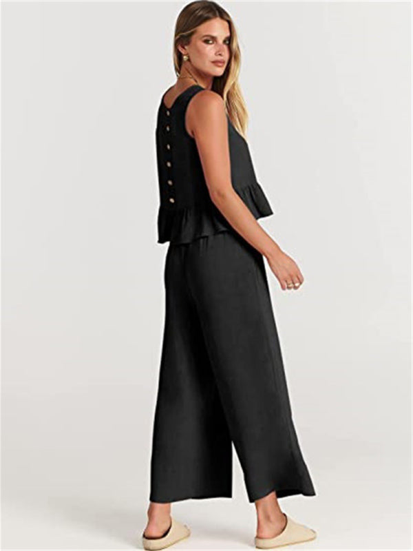 Women's Ruffle Sleeveless Top With Matching Wide-leg Pants