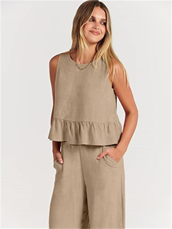 Women's Ruffle Sleeveless Top With Matching Wide-leg Pants
