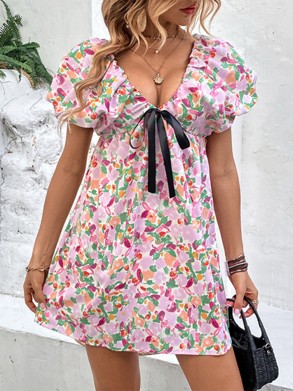 New women's clothing Deep V sexy sweet and spicy fairy dress printed dress