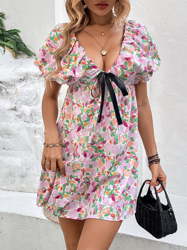 New women's clothing Deep V sexy sweet and spicy fairy dress printed dress