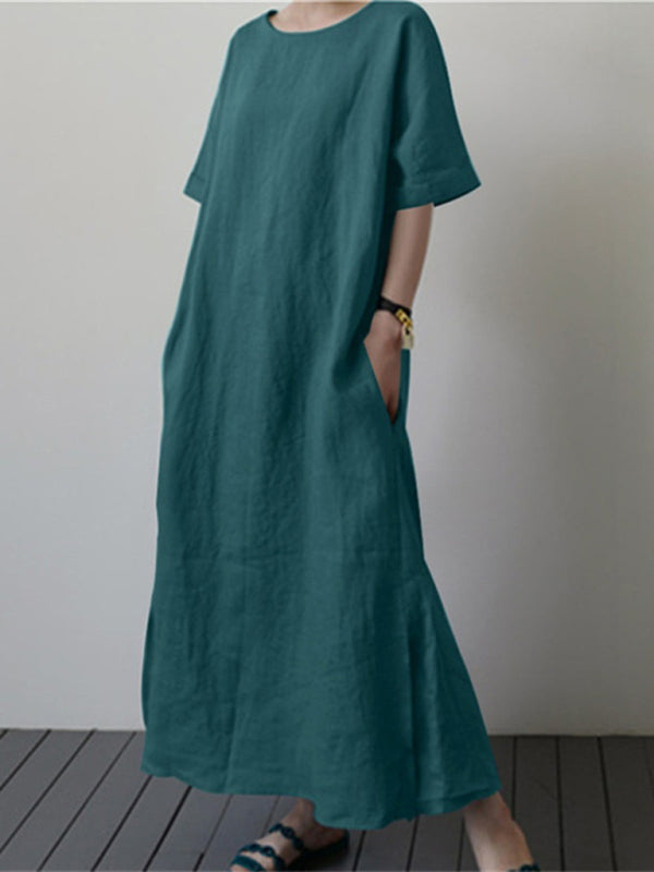 Women's Cotton Linen Loose Solid Color Short Sleeve Belt Slit Dress
