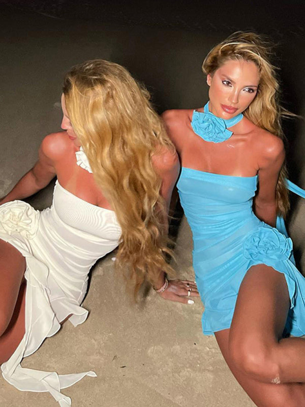 Sexy mesh see-through flower tube top dress