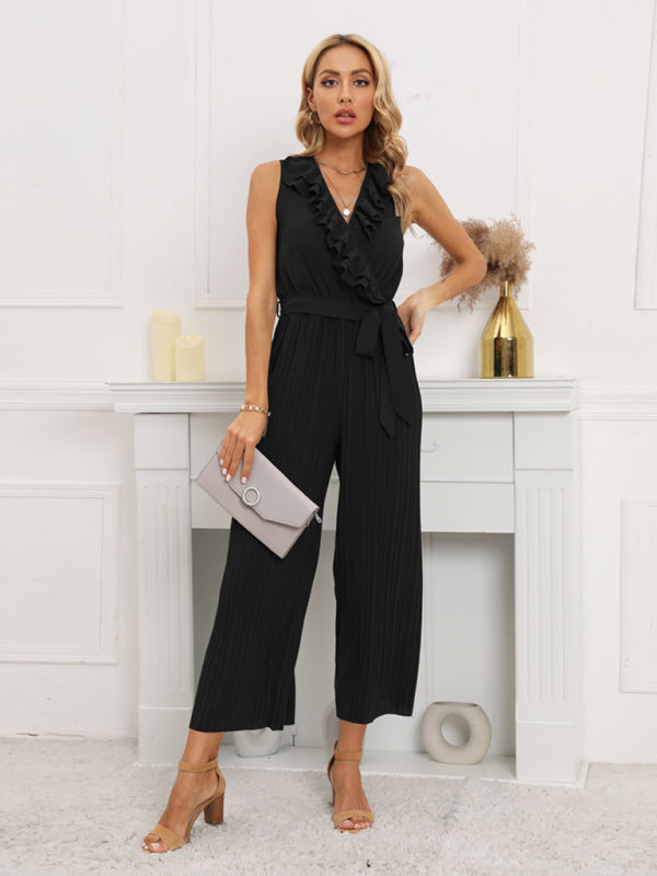 Women's Sleeveless V Neck Ruffle Lace Pleated Jumpsuit