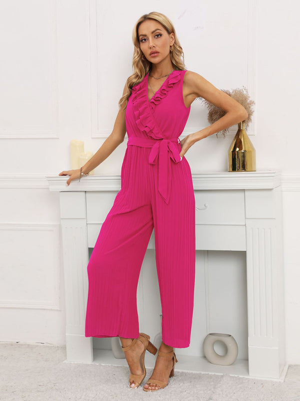 Women's Sleeveless V Neck Ruffle Lace Pleated Jumpsuit