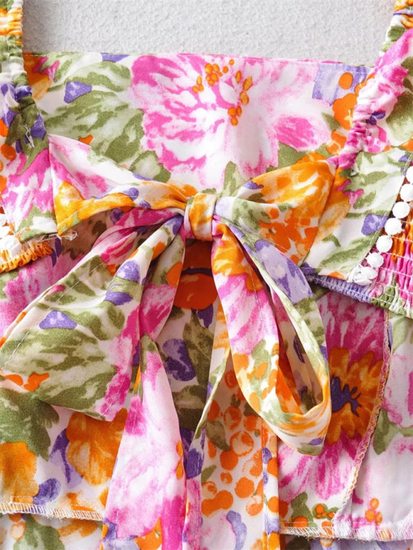 Opulence EmpórionBack tie design sexy backless dress fresh and sweet short skirt popular ruffled print A-line skirt