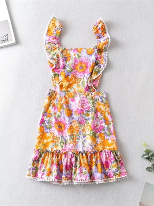 Opulence EmpórionBack tie design sexy backless dress fresh and sweet short skirt popular ruffled print A-line skirt