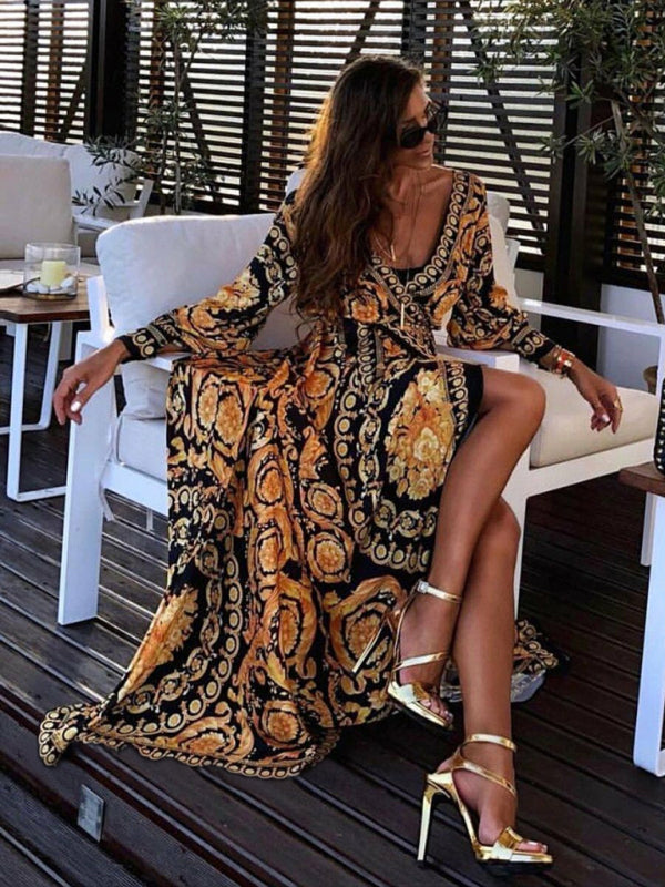 Women's Print Long Sleeve Wrap Maxi Dress