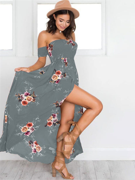 Women's Floral Print Smocked Off-the-shoulder Maxi Dress