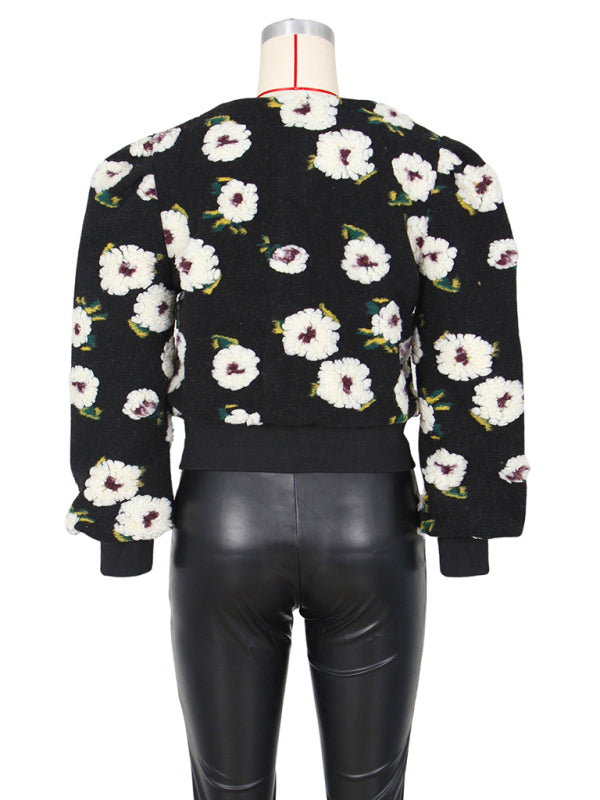 Chic Blossom: The Textured Floral Bomber Jacket & Denim Ensemble