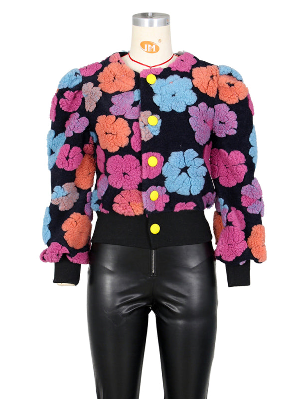 Chic Blossom: The Textured Floral Bomber Jacket & Denim Ensemble