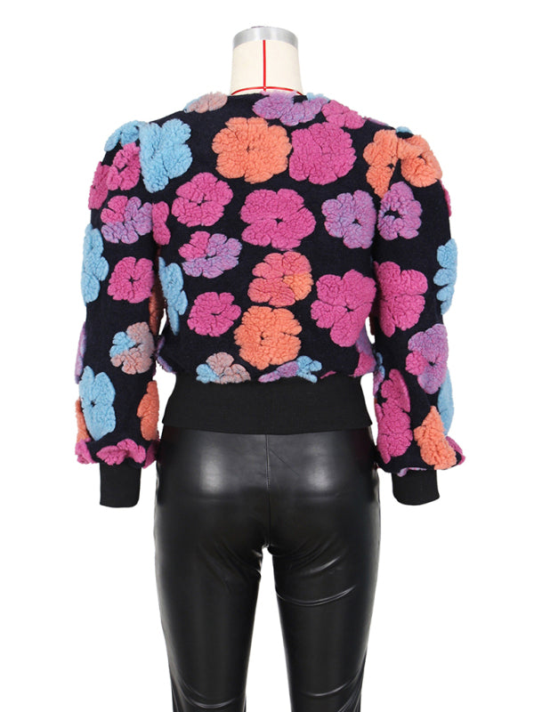 Chic Blossom: The Textured Floral Bomber Jacket & Denim Ensemble
