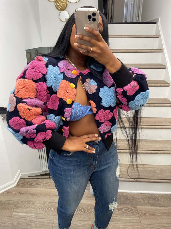 Chic Blossom: The Textured Floral Bomber Jacket & Denim Ensemble