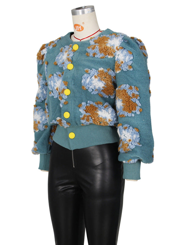 Chic Blossom: The Textured Floral Bomber Jacket & Denim Ensemble