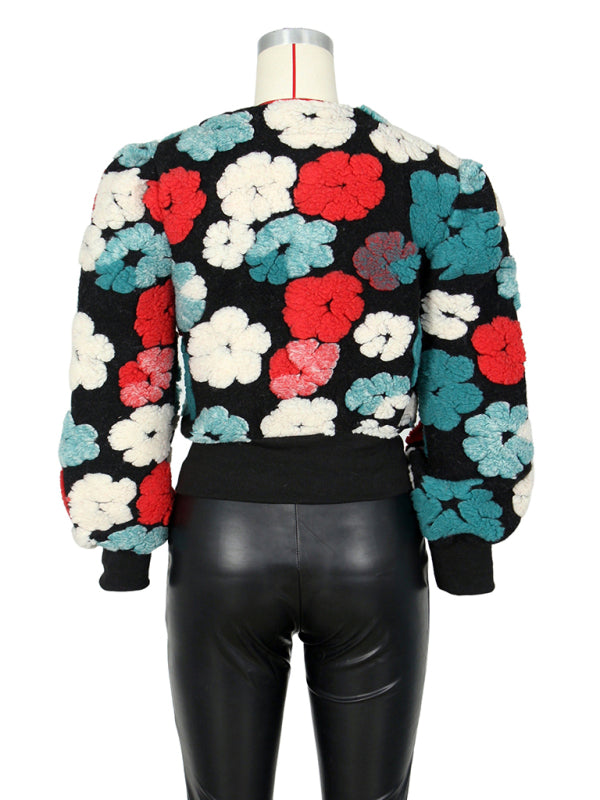 Chic Blossom: The Textured Floral Bomber Jacket & Denim Ensemble