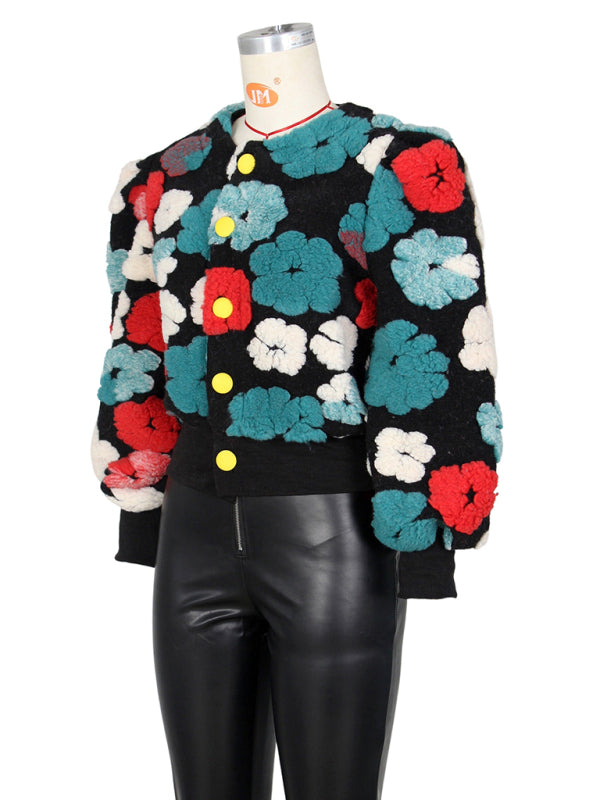 Chic Blossom: The Textured Floral Bomber Jacket & Denim Ensemble