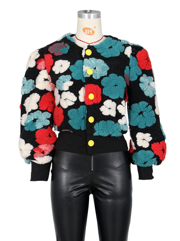 Chic Blossom: The Textured Floral Bomber Jacket & Denim Ensemble