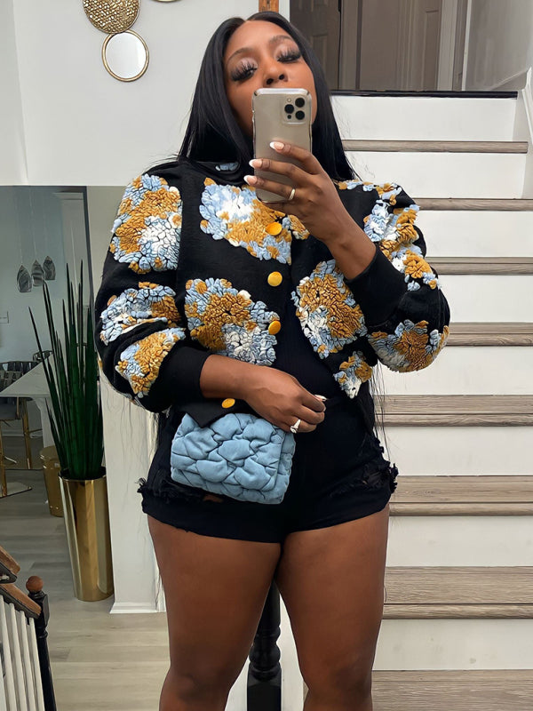 Chic Blossom: The Textured Floral Bomber Jacket & Denim Ensemble