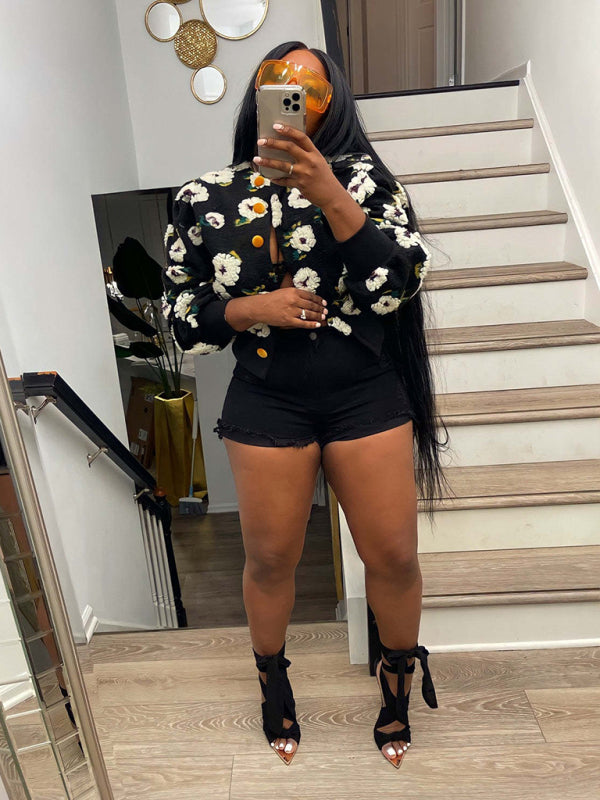 Chic Blossom: The Textured Floral Bomber Jacket & Denim Ensemble