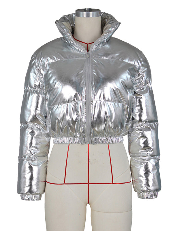 Opulence Emporion Glamour Glaze: Chic Metallic Shine Puffer Jacket