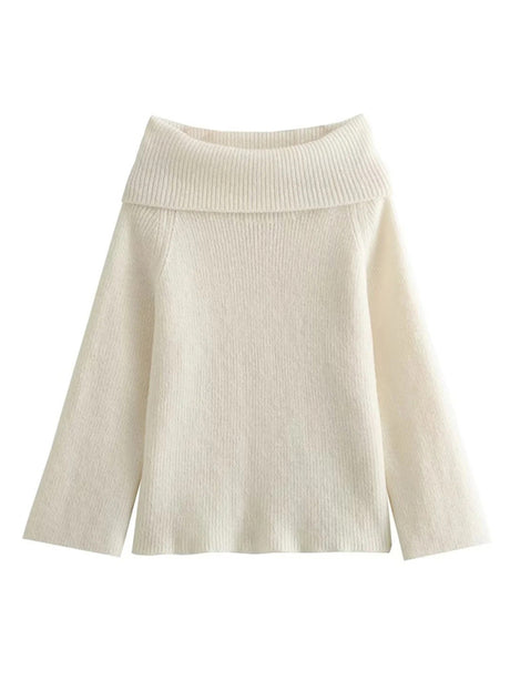 New women's one-line collar solid color knitted sweater