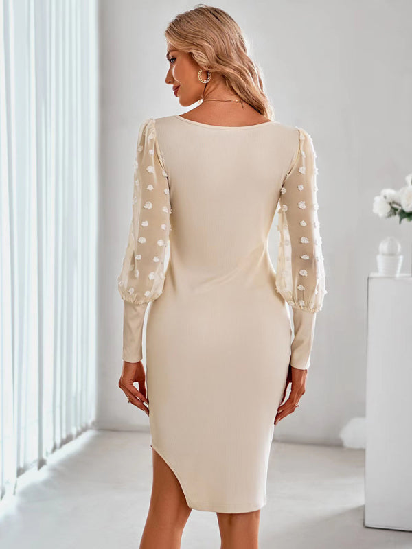 Women’s Scoop Neck Bodycon Dress With Sheer Dotted Puff Sleeves