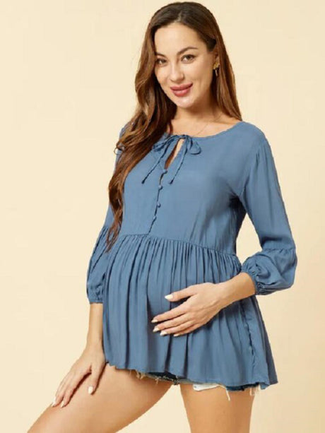 Women's Casual Round Neck Cropped Sleeves Pleated Maternity Blouse