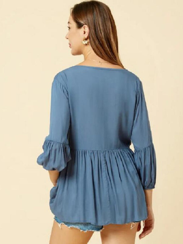 Women's Casual Round Neck Cropped Sleeves Pleated Maternity Blouse