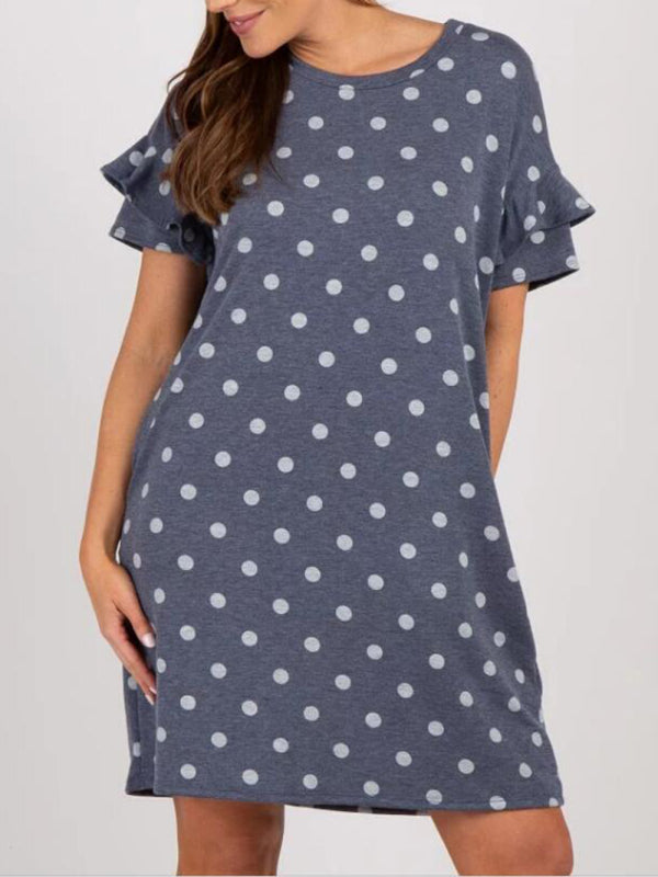 Maternity Knit Round Neck Polka Dot Ruffle Short Sleeve Dress