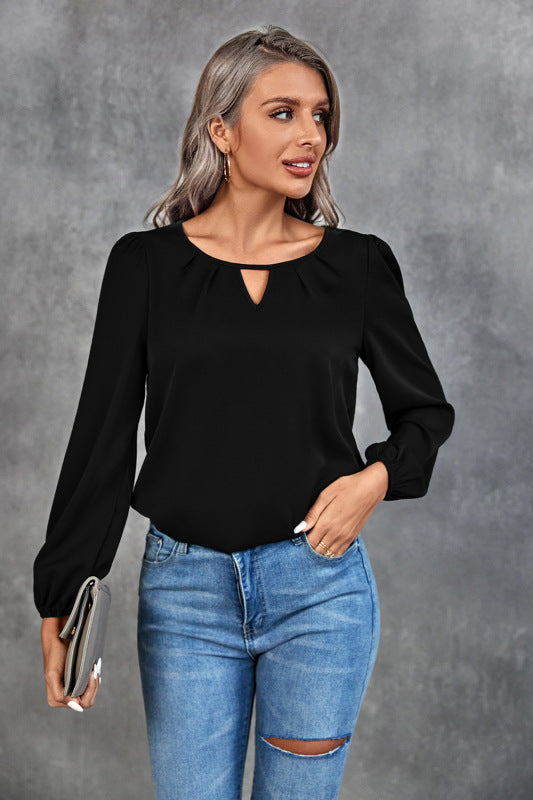 Women's Solid Color Keyhole Long Sleeve Blouse