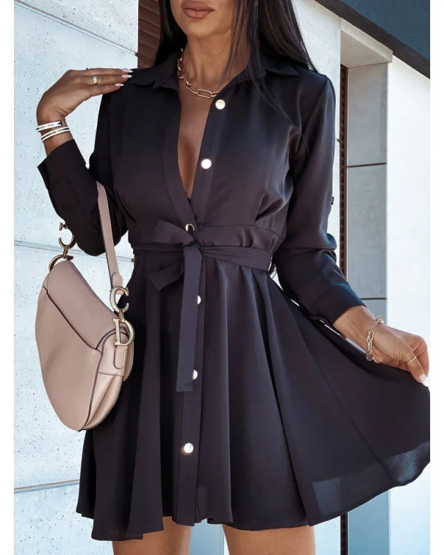 Women's Solid Color Button Down Belted Mini Shirt Dress