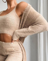 Chic Fleece Trio: Cropped Top, Slim-Fit Trousers & Elegant Overcoat Ensemble