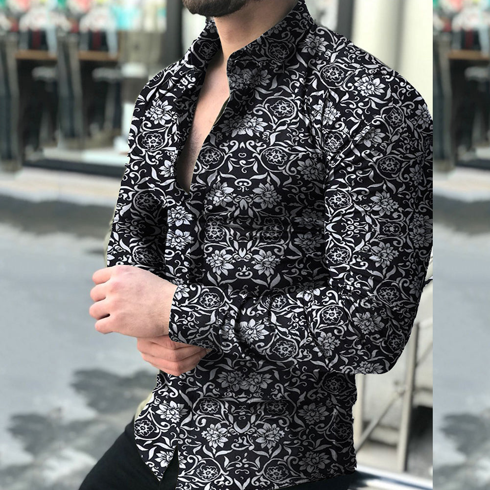 Long-Sleeve Casual Shirt with Lapel Collar and Floral Print
