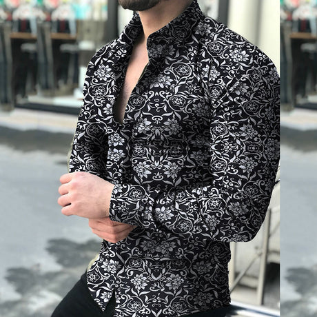 Long-Sleeve Casual Shirt with Lapel Collar and Floral Print