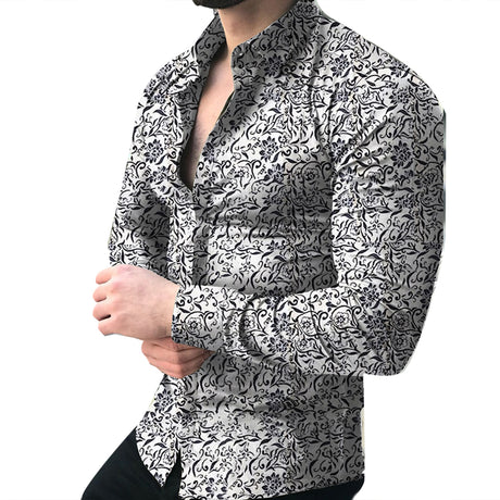 Long-Sleeve Casual Shirt with Lapel Collar and Floral Print