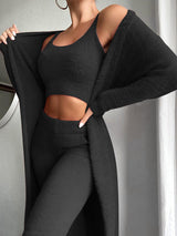 Chic Fleece Trio: Cropped Top, Slim-Fit Trousers & Elegant Overcoat Ensemble