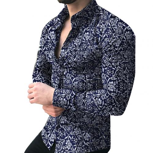 Long-Sleeve Casual Shirt with Lapel Collar and Floral Print
