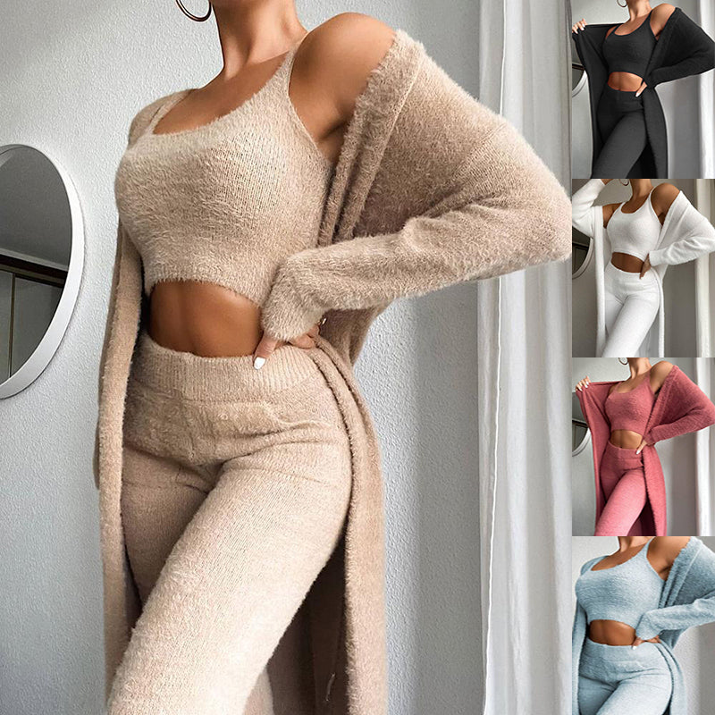 Chic Fleece Trio: Cropped Top, Slim-Fit Trousers & Elegant Overcoat Ensemble