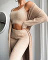 Chic Fleece Trio: Cropped Top, Slim-Fit Trousers & Elegant Overcoat Ensemble