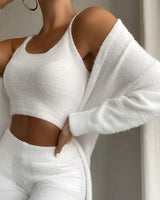 Chic Fleece Trio: Cropped Top, Slim-Fit Trousers & Elegant Overcoat Ensemble