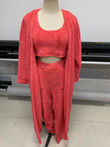 Chic Fleece Trio: Cropped Top, Slim-Fit Trousers & Elegant Overcoat Ensemble