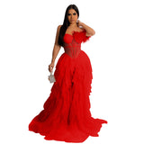 Women Wear Solid Color Sleeveless Chest Wrap Mesh Maxi Dress Dress