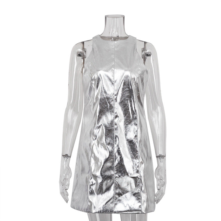 Summer Women Clothing Reflective Faux Leather Sexy Nightclub Vest Dress Sleeveless Short Dress