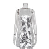 Summer Women Clothing Reflective Faux Leather Sexy Nightclub Vest Dress Sleeveless Short Dress