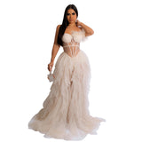 Women Wear Solid Color Sleeveless Chest Wrap Mesh Maxi Dress Dress