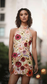 Women  Embroidered Three Dimensional Floral Halter Slim Dress Small Dress