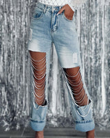 Straight-Leg Ripped Jeans with Chain Ornaments for Women: Early Spring Collection